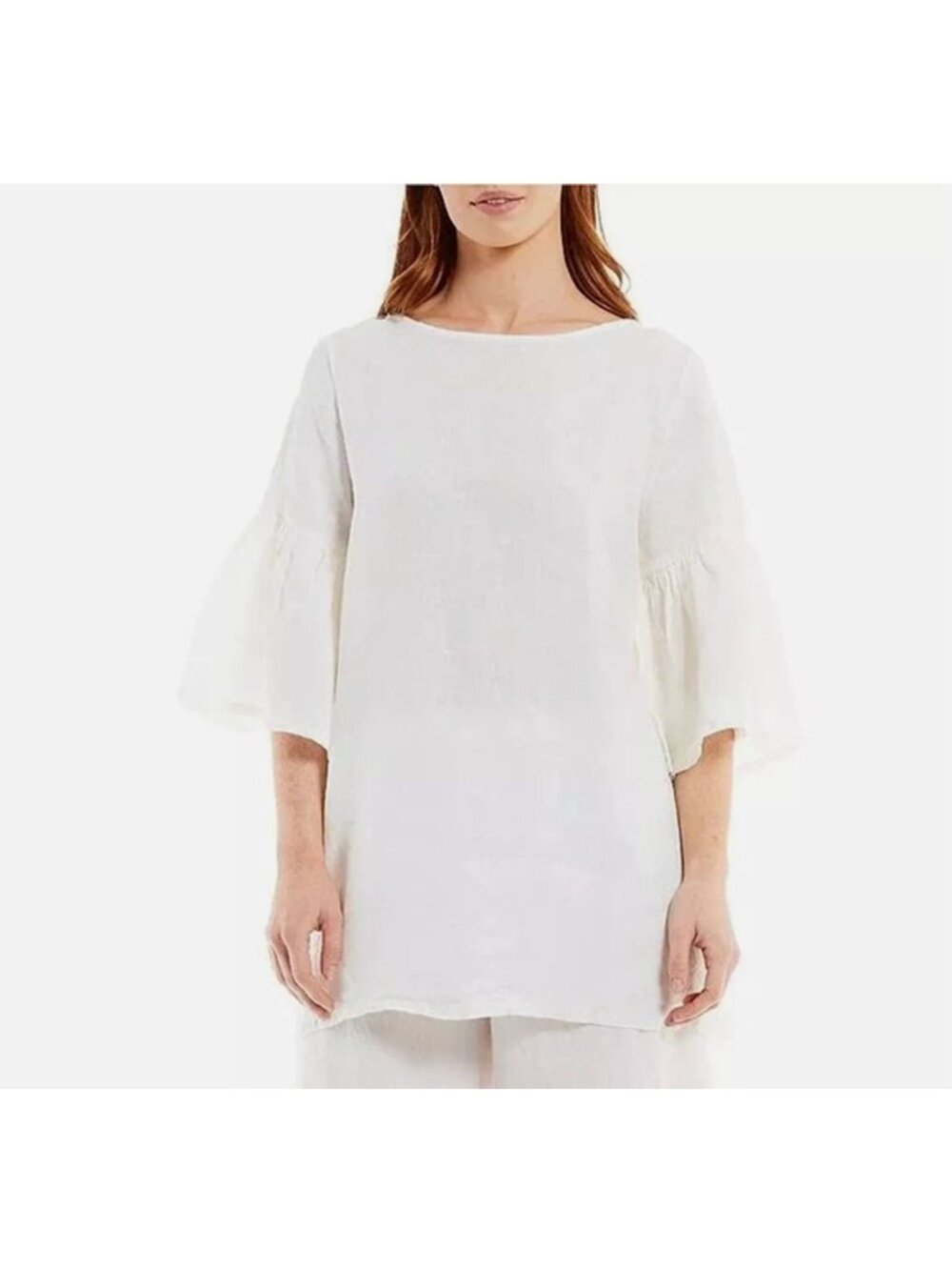 Bryn Walker Linen Round Neck Ruffle 3/4 Bell Sleeve Tunic Top White Medium